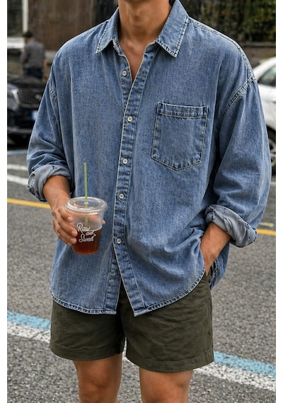 Erkek Oversize Denim Gömlek Yıkamalı Kot Gömlek Tek Cep Rahat Kalıp Mavi
