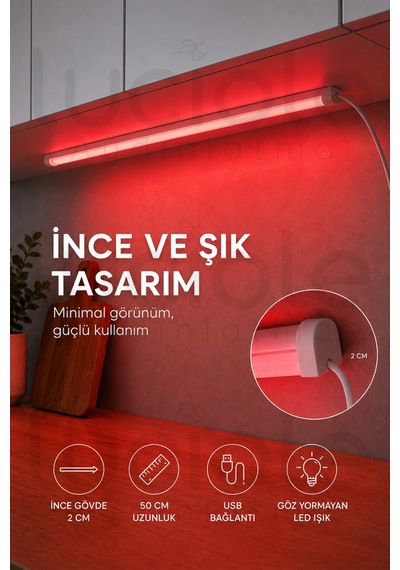 50 Cm Kırmızı Led Işık Usb Anahtarlı Dekoratif Gaming Masa Vitrin Raf Yapışkanlı Aydınlatma Barı