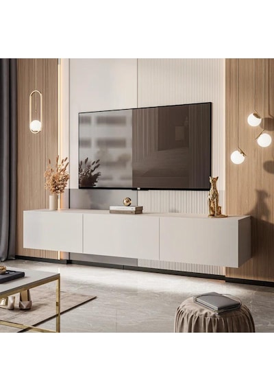 Tv Ünitesi Tv Sehpası Alt Modül 200 Cm Krem Mdf