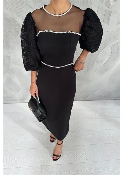 Elbee Fashion Woman Kolları Dantelli İnci Detaylı Elbise - Siyah-beyaz-7430 Siyah