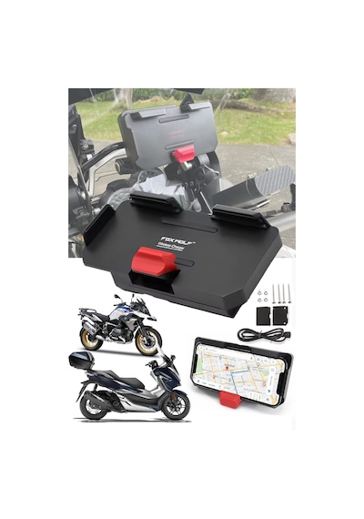 Universal Motosiklet Telefon Ve Gps Navigasyon Tutacağı Kablosuz Hızlı Şarjlı Çift Usb Girişli Siyah