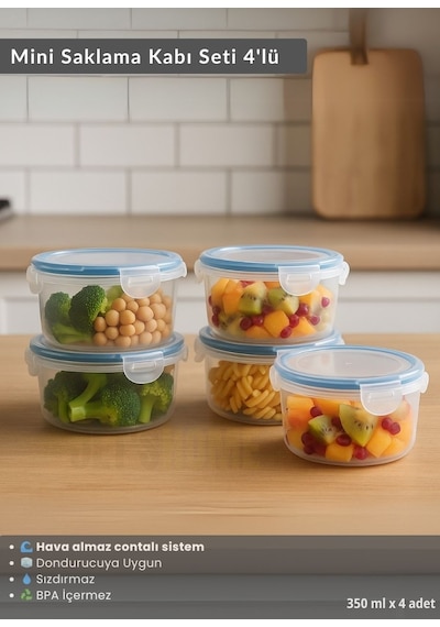 Mini Erzak Saklama Kabı Seti 4'lü Bpa Free Gıda Kutusu Bpa Free Hava Almaz 350 Ml Şeffaf