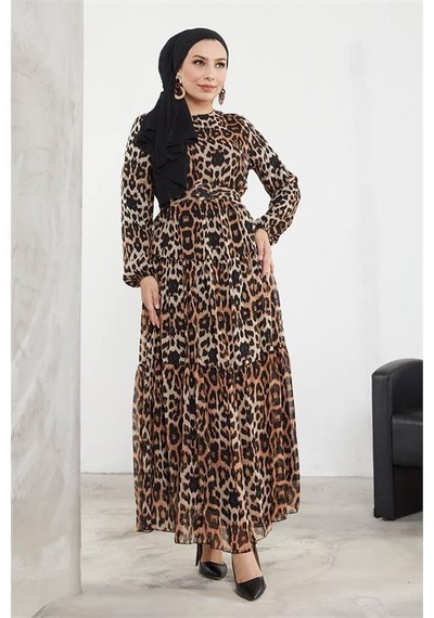 Neşeli Butik Kadın Şifon Kemerli Tesettür Elbise Sms027 Siyah