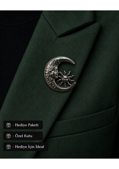 Gümüş Eskitme Güneş Ve Hilal Figürlü Vintage Kadın Broş - Şık Hediye Açık Gri