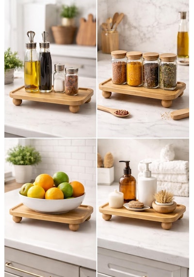 Bambu Sunumluk Stand Yağlık & Baharatlık Organizer, Tezgah Üstü Çok Amaçlı Bambu Stand Bambu
