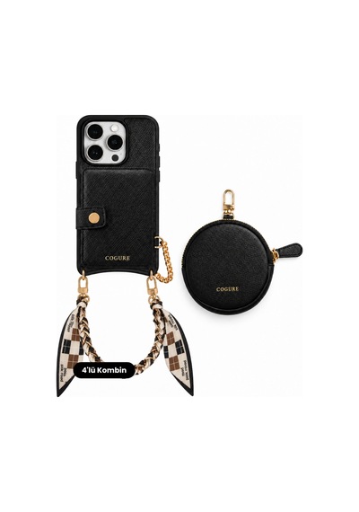 Hera Apple Uyumlu iPhone 16 Pro Max Uyumlu Mini & Magsafe Cüzdan, Fularlı Zincir Askı, Kılıf 4'lü Siyah Set