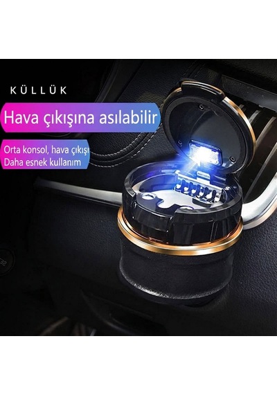 Oto Küllük Bardaklık Uyumlu Mavi Led Işıklı Koku Sızdırmaz Kapaklı Araç İçi Küllük Gold Detaylı Universal