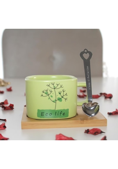 Hayat Ağacı Desenli Mıknatıslı Bambu Stantlı Gerçek Seramik Kahve Kupası Fincan Seti Kupa Mug 200 Ml 001