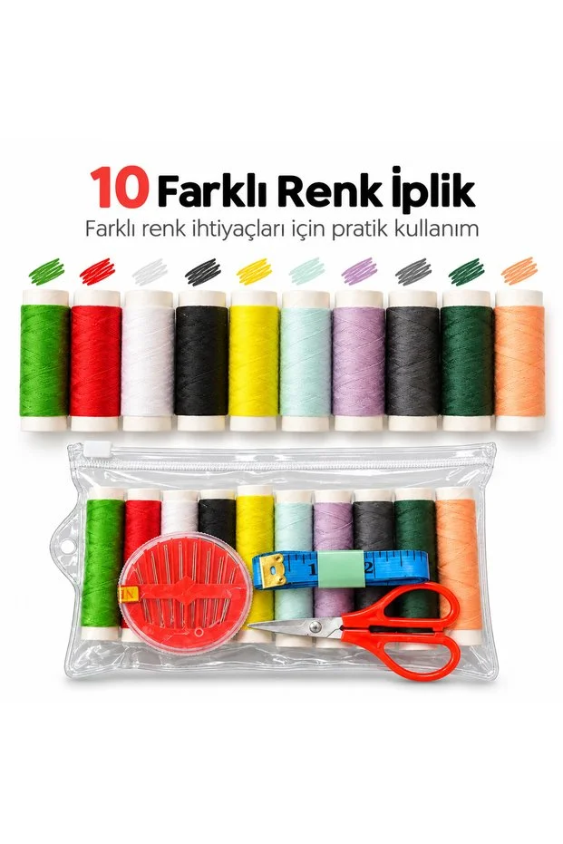 Şeffaf Fermuarlı Dikiş Seti 10 Renk İplik İğne Makas Mezura Seyahat Seti