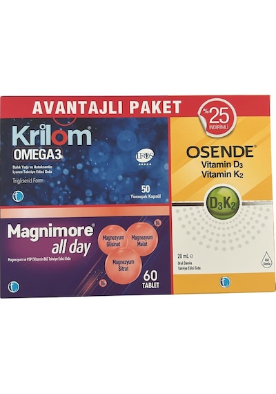 Krilom Omega3 50 Kapsül+ Magnimore Allday 60 Tablet + Osende D3k2 20 Ml Avantajlı Paket