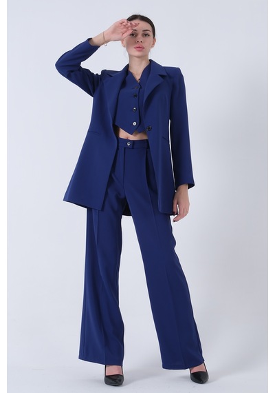 Feminist Saks Ceket-yelek Pantolonlu 3lü Takım Elbise 0106324.26 Saks