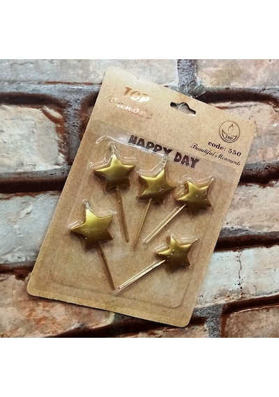 Vıp Gold Star Happy Bırthday Candle 5 Adet Metalik Gold Yıldızlı Pasta Mumu Yıldız Doğum Günü Mumu Renkli