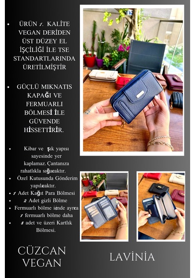 Lavinia Lacivert Vegan Deri Kadın Cüzdan Fermuarlı Ve Mıknatıslı 16x9 Cm Lacivert