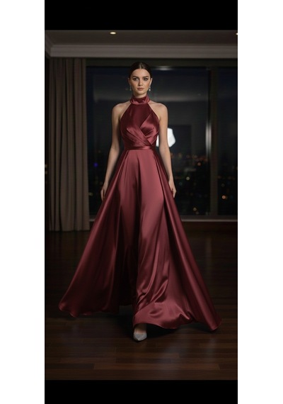 Makbuleofficial Bordo Saten Kumaştan Halter Yakalı Pile Detaylı Abiye Elbise