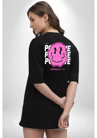 Positive Enerji Emoji Gülen Surat Siyah Oversize Unisex Ön Ve Sırt Baskılı Tişört Siyah