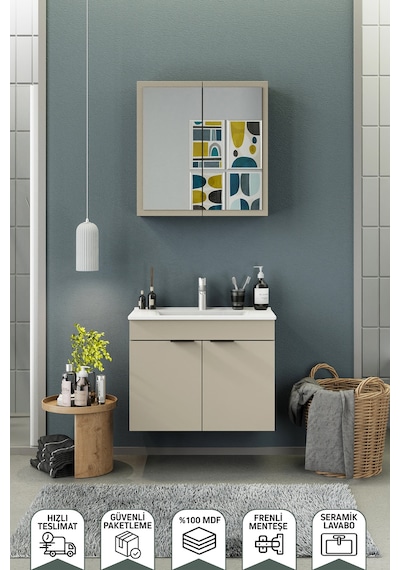Biani Fix Loft 75 Cm Banyo Dolabı,Seramik Lavabolu, Aynalı,Lavabo Dahil,Mdf,Latte Biani Fix Loft 75 Cm Banyo Dolabı,Seramik Lavabolu, Aynalı,Lavabo Dahil,Mdf,Latte