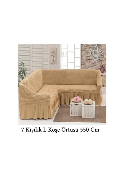 Upmall Bürümcük 7 Kişilik Köşe Koltuk, Kanepe Örtüsü, Koltuk Kılıfı, Lastikli, Etekli, L Köşe 550 Cm Bej Bej