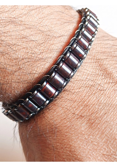 Kan Taşı Doğal Taş Örme Erkek Bilekliği 6x5 Mm Çok Renkli
