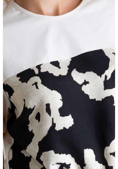 Kadın Bağlamalı Baskılı Viskon Kombinli Likralı Örme Kumaş Sıfır Yaka Tshirt Siyah - Ekru Kadın Bağlamalı Baskılı Viskon Kombinli Likralı Örme Kumaş Sıfır Yaka Tshirt Siyah - Ekru