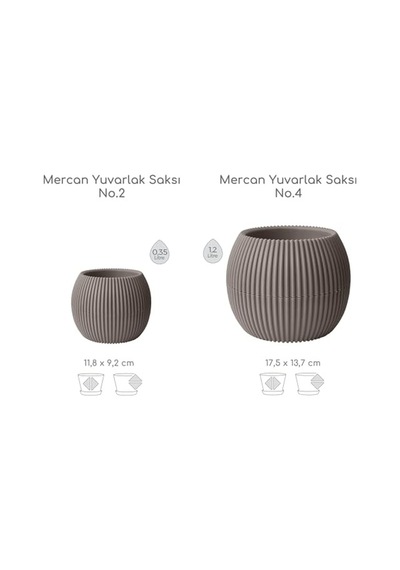 Mercan Yuvarlak Saksı Seti 0,35 Litre + 1,2 Litre, İç Mekan - Dış Mekan 2li Ekonomik Tabaklı Plastik Saksı Set Kahve Renk