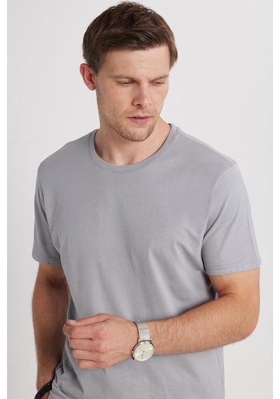 Tudors Unisex Slim Fit Dar Kesim %100 Pamuk Yumuşak Dokulu Gri Bisiklet Yaka Tişört-34826 Gri