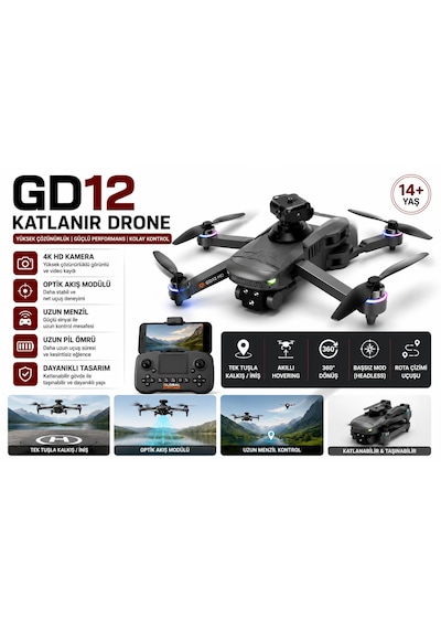 Gd12 Drone Ekranlı Kumanda Sabit Uçuş Fırçasız Motor Tek Tuş İniş Kalkış Başsız Mod 360 Derece Engel Algılama Wifi Cam