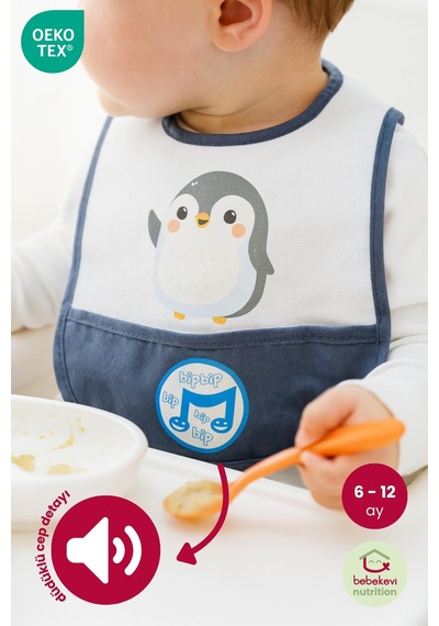 Düdüklü Cepli Sıvama Mama Önlüğü - Minik Penguen Bebek Önlüğü Koyu Mavi