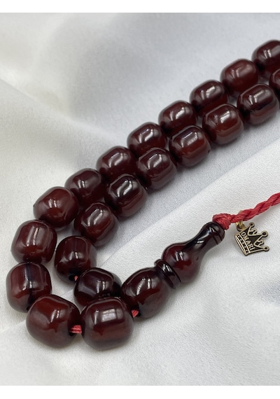 Omari Osmanlı Benzetme Kapsül Kesim Koyu Vişne Sıkma Kehribar Tesbih 11x12 Mm Bordo