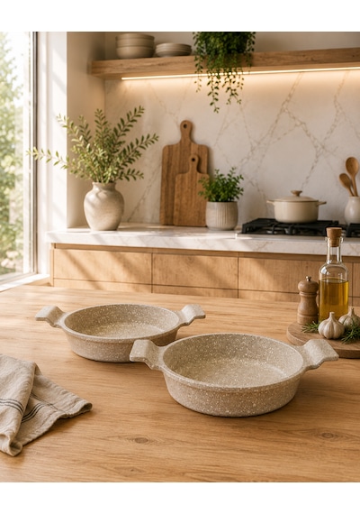 Nirvana 2'li Döküm Granit Sahan Seti 18 Cm Ve 22 Cm Cappuccino Yapışmaz Yüzey Kahverengi