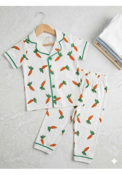Pamuklu Kruvaze Yaka Önden Düğmeli Havuç Desenli Mevsimlik Alt Üst Pijama Takım Beyaz