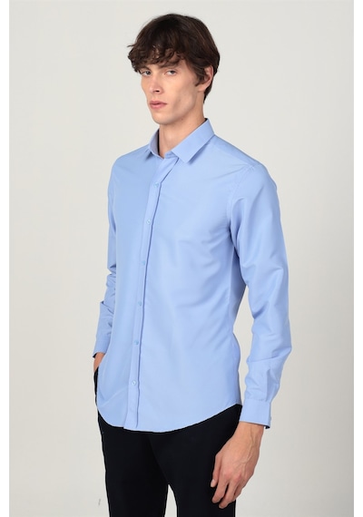 Tudors Slim Fit Uzun Kollu Kolay Ütü Teri Emen Nefes Alan Doku Kravatlık Dört Mevsim Erkek Gömlek 24892 Mavi
