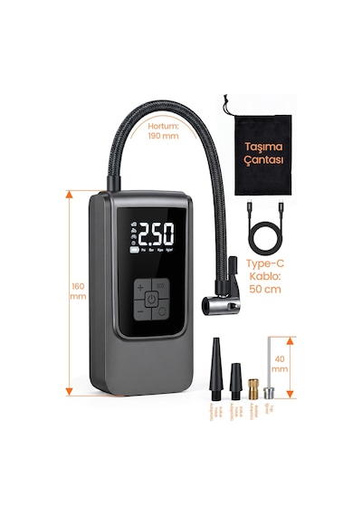 150psi Şarjlı Araç Oto Kompresörü Powerbank Led Işıklı Lastik Top Yatay Şişirme Pompası 6000mah 9624