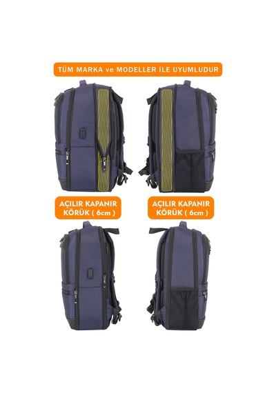 14"-15,6" İnç Körüklü Lacivert Laptop Sırt Çantası Unisex Su Geçirmez Kumaş Lacivert