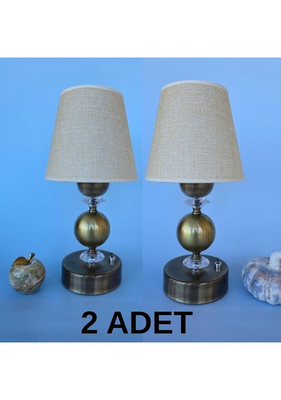 Abajur, Dekoratif Pilli Abajur Eskitme Metal Ayaklı Bej Kumaş Başlıklı Şık Masa Lambası 2'li Set