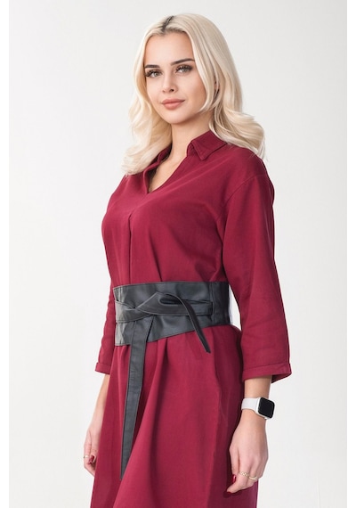 Bold & Young Kadın Yakalı Cepli Salaş Dokuma Kumaş Cepli 3/4 Kol Çekmez Elbise Bordo