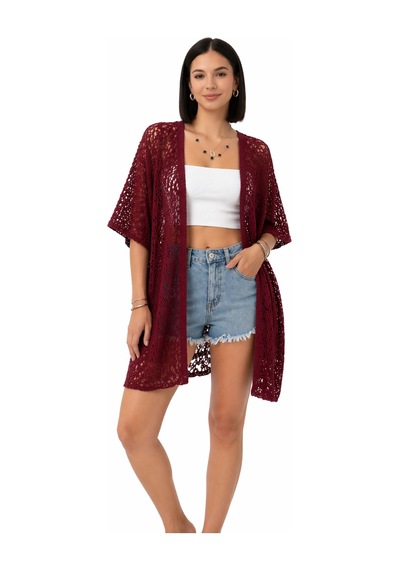 Trend Alisse Kadın Dantel Görünümlü File Kimono Pareo Hırka Bordo