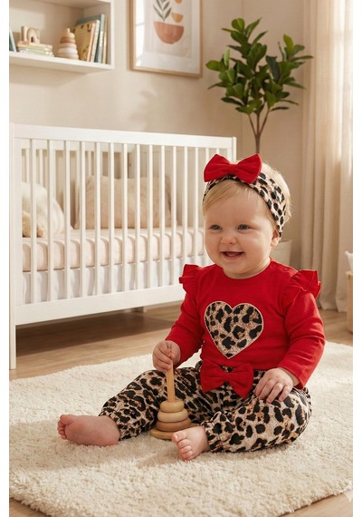 Babymod Leopar Desenli 3'lü Pamuklu Kız Bebek Takım Set Kırmızı