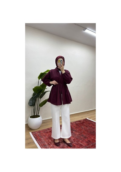 Moonsc Kadın Nervürlü Keten Tesettür Gömlek - Bordo