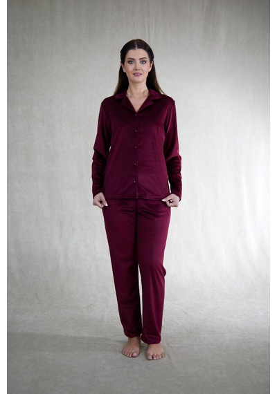 Estiva Kadın Önden Düğmeli Kadife Pijama Takımı Bordo