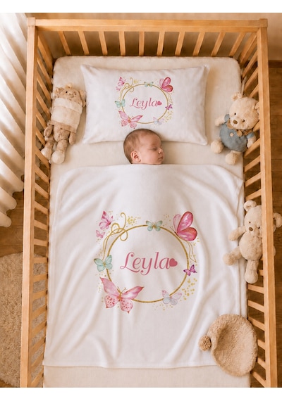Pia Baby Kız Bebek Tulum Seti İsim Baskılı %100 Pamuk Yastık Kılıfı Ve Battaniye 1077tybyx Ekru