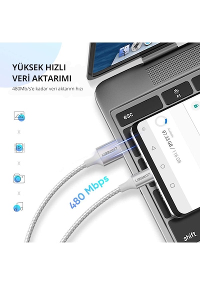 Ugreen 60133 USB-C to USB-A 3A QC Örgülü Hızlı Şarj Kablosu 2 Metre Gümüş Beyazı