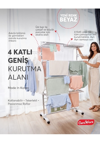 Home S4 Premium 4 Katlı Beyaz Çamaşırlık Made İn Korea Tam Katlanır Tekerlekli Çamaşır Kurutmalık