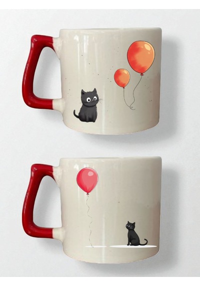 Balon Kedi Baskılı 2'li Kupa - Anneler Günü Hediye, Evlilik Yıldönümü Hediyesi Kadın Beyaz