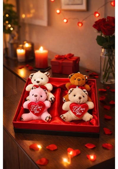 Sevgililer Günü Hediye Kutusu 4 Adet I Love You Temalı Peluş Ayıcıklı Romantik Hediye Seti Kutusu Ayı