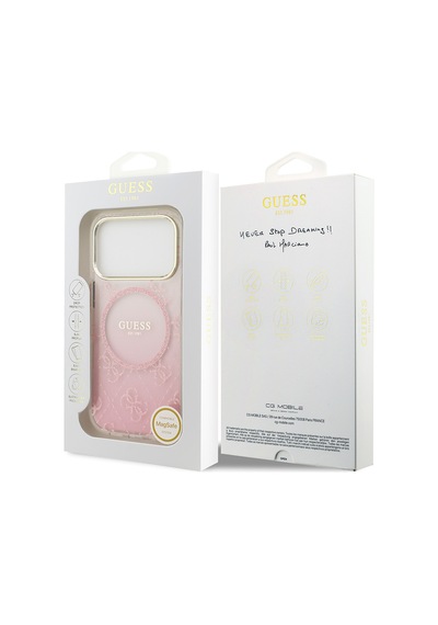 Apple Uyumlu iPhone 17 Pro  Kılıf Guess Lisanslı M-safe Şarj Özellikli 4g Desenli Simli Silikon Kapak Pembe Pembe