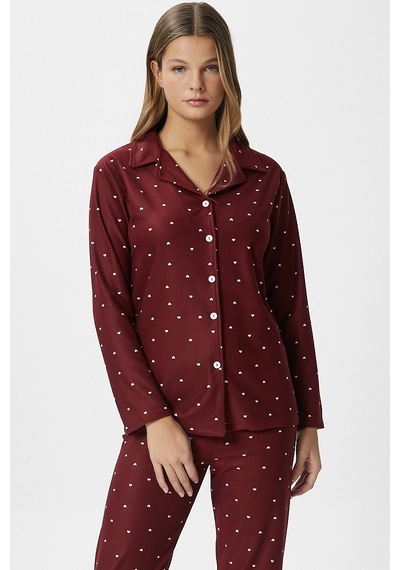 Ritnice Kadın Nora Premium Bordo Kalp Süet Doku Düğmeli Yılbaşı Pijama Takımı Bordo