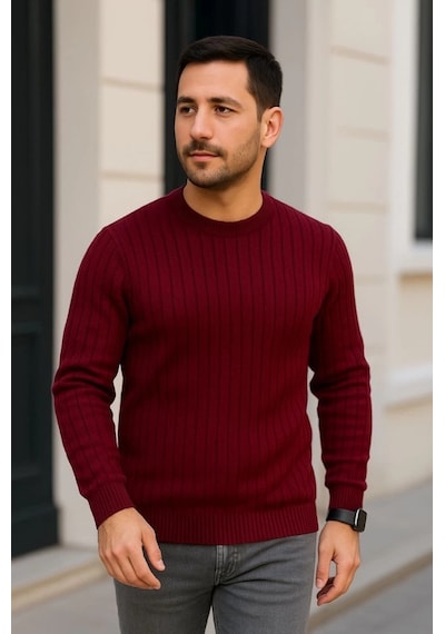 Defymoda Erkek Fitilli Triko Kazak 2 Li Set Siyah - Bordo, Kalın Dokuma Pamuklu Regular Fit Bisiklet Yaka U Siyah - Bordo
