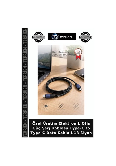 Özel Üretim Elektronik Ofis Güç Şarj Kablosu Type-c To Type-c Data Kablo U18 Siyah