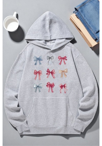 Uyguntarz Unisex Renkli Kurdele Baskılı Kapüşonlu Sweatshirt Gri