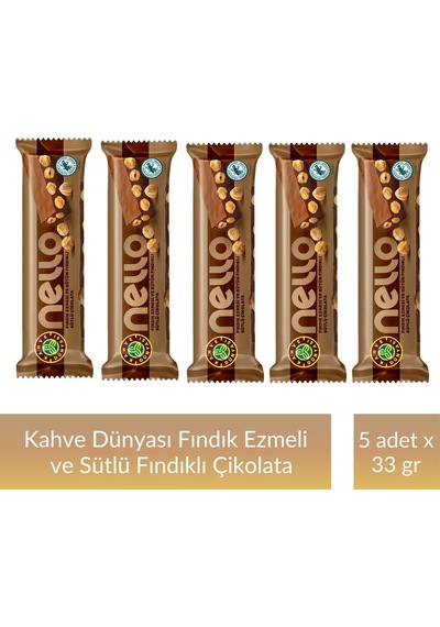 Kahve Dünyası Fındık Ezmesi Ve Bütün Fındıklı Sütlü Çikolata 33 Gr X 5 Adet